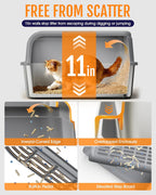 Cat Litter Box - Stainless Steel Litter Box with Scatter-Proof Elevated Step Board for Kitty Use, Robust & Non-Sticky Metal Cat Box with Scoop, Grey