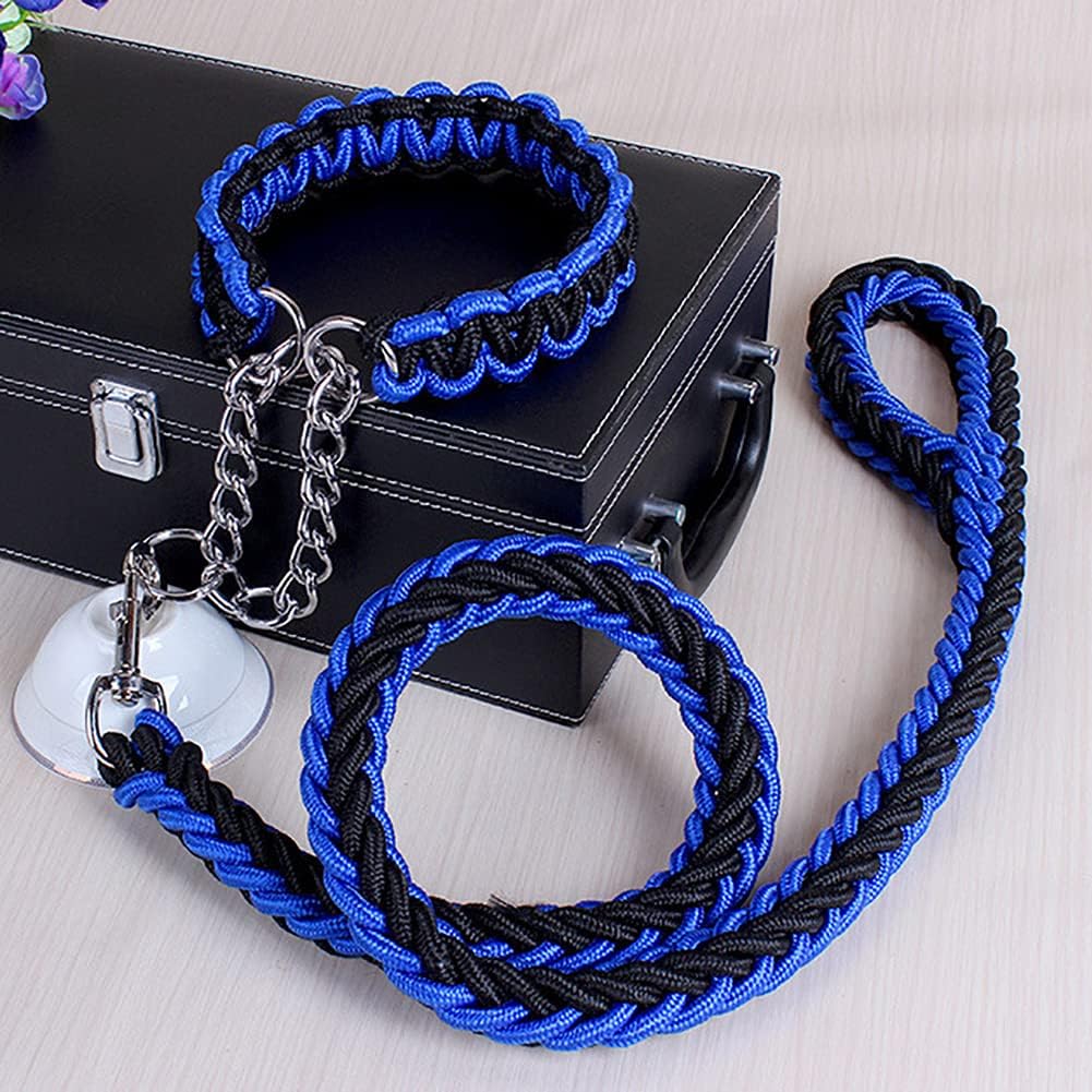 Dog Collar and Leash Set, Heavy Duty Nylon Braided Rope Strong 4 FT Dog Leash and Martingale Training Collar for Small Medium Large Dogs Training and Walking (Blue & Black)