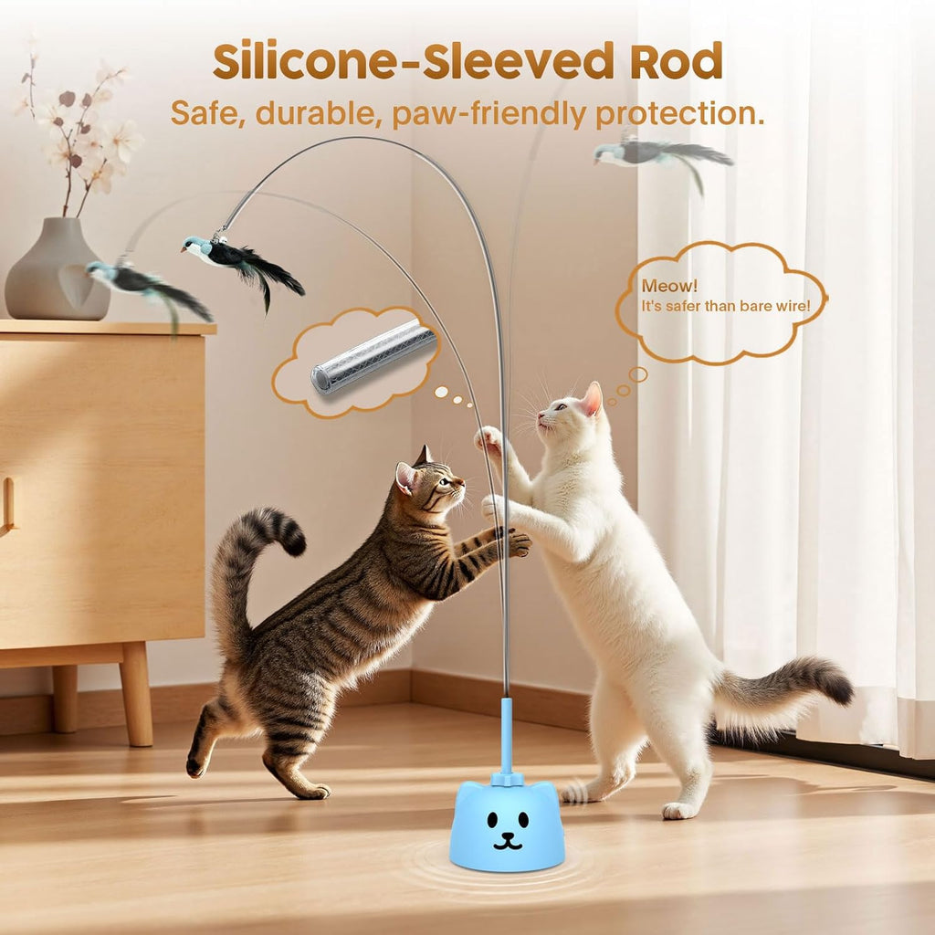 Interactive Cat Toys for Indoor Cats: Upgraded 360° Automatic Spin Flying Bird Feather Wand with Silicone Protected Rod Safe Play, Strong 8cm Suction Cup, USB-Rechargeable for Bored Kittens and Adult