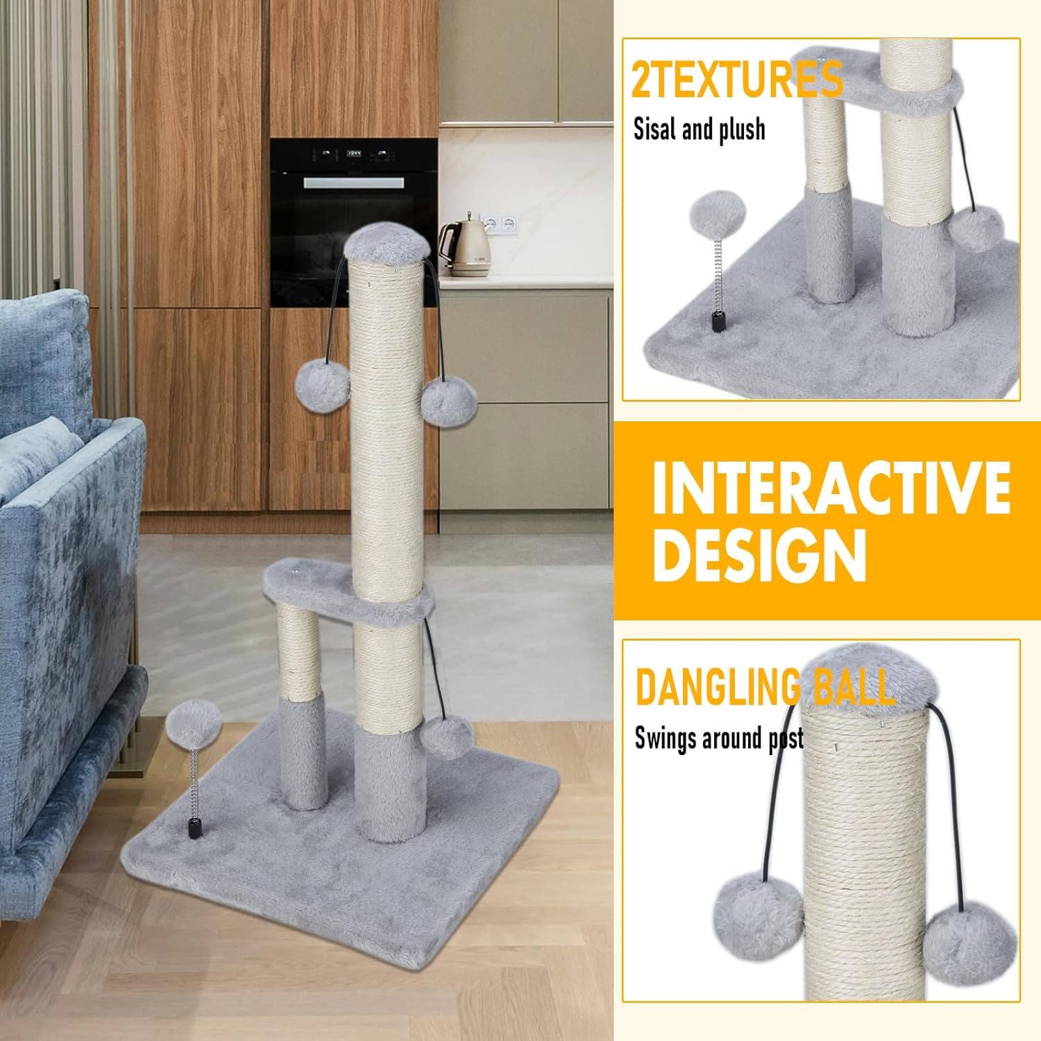 Tall Cat Scratching Post, Double Lower Posts Extra Stable Cat Post Tree Scratcher with Sisal Rope and Teasing 4 Balls Total Large Base
