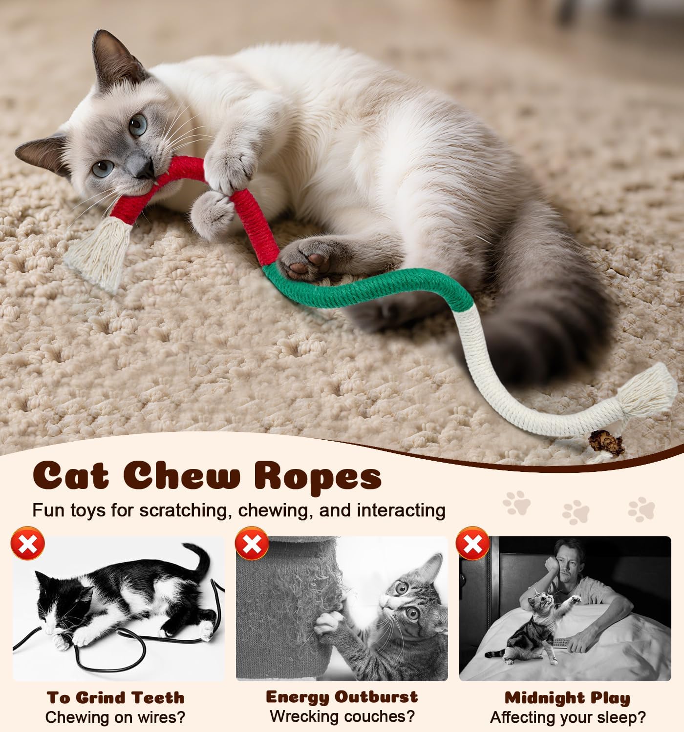 Cat Chew Ropes 4Pcs, Cat Toys for Indoor Cats with Refillable Natural Catnip, Safe Teeth Cleaning Chew Toys, Interactive Kitten Nip Toys and All Breeds