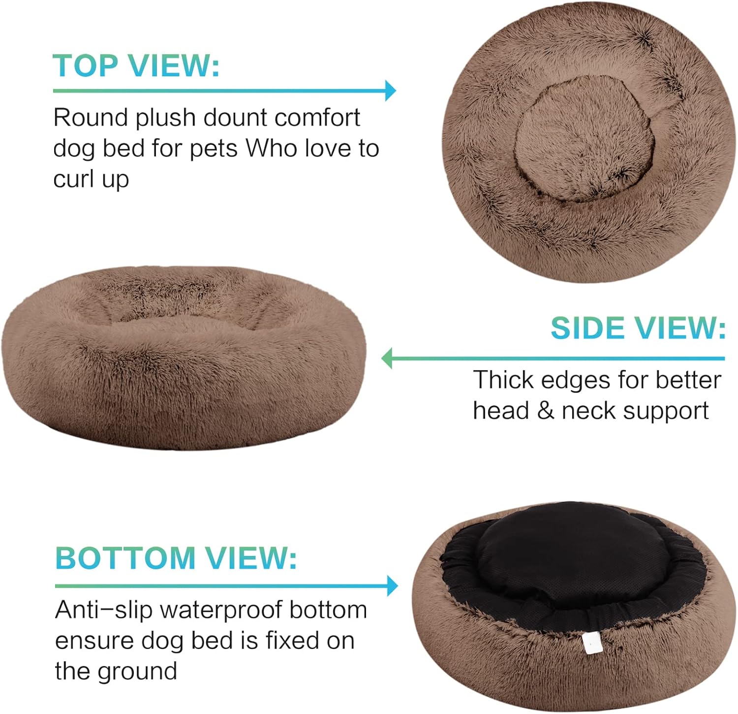Plush Calming Donut Dog Beds for Small Dogs, Medium, Large & X-Large Breeds, Comfy Cuddler Dog Bed and Cat Bed in Faux Fur, Washable, Multiple Sizes S-XXL