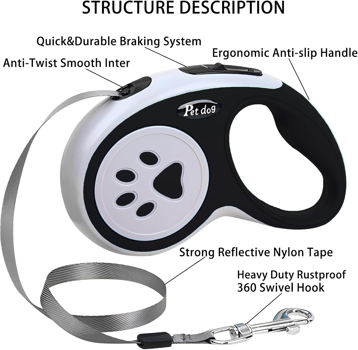 Dog Leash, VELIGOOD 5M/16FT Extendable Dog Lead with Strong Nylon Tape Tangle-Free One-Handed Brake, Pause, Lock for Small Medium Dogs (Black)