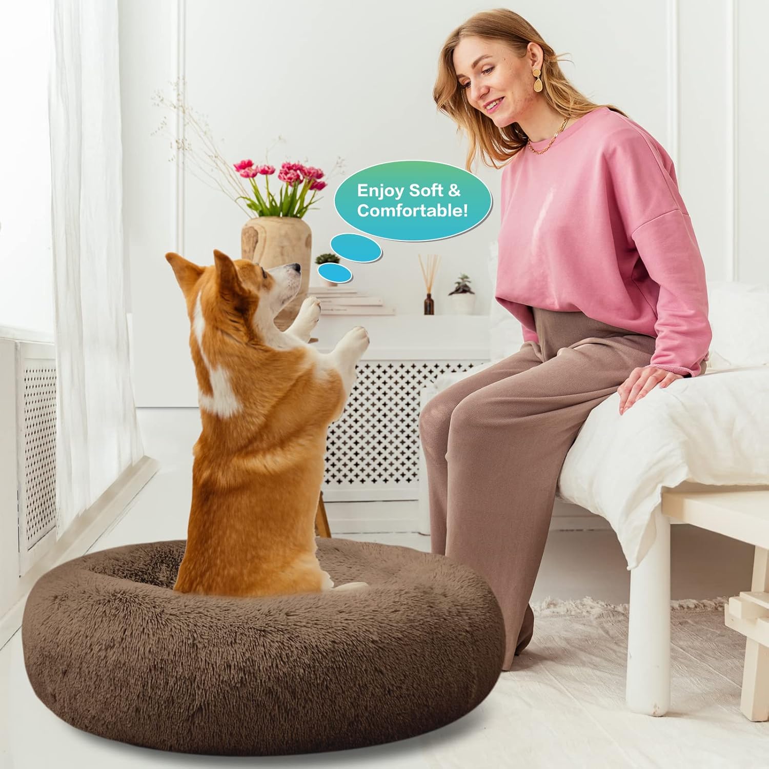 Plush Calming Donut Dog Beds for Small Dogs, Medium, Large & X-Large Breeds, Comfy Cuddler Dog Bed and Cat Bed in Faux Fur, Washable, Multiple Sizes S-XXL