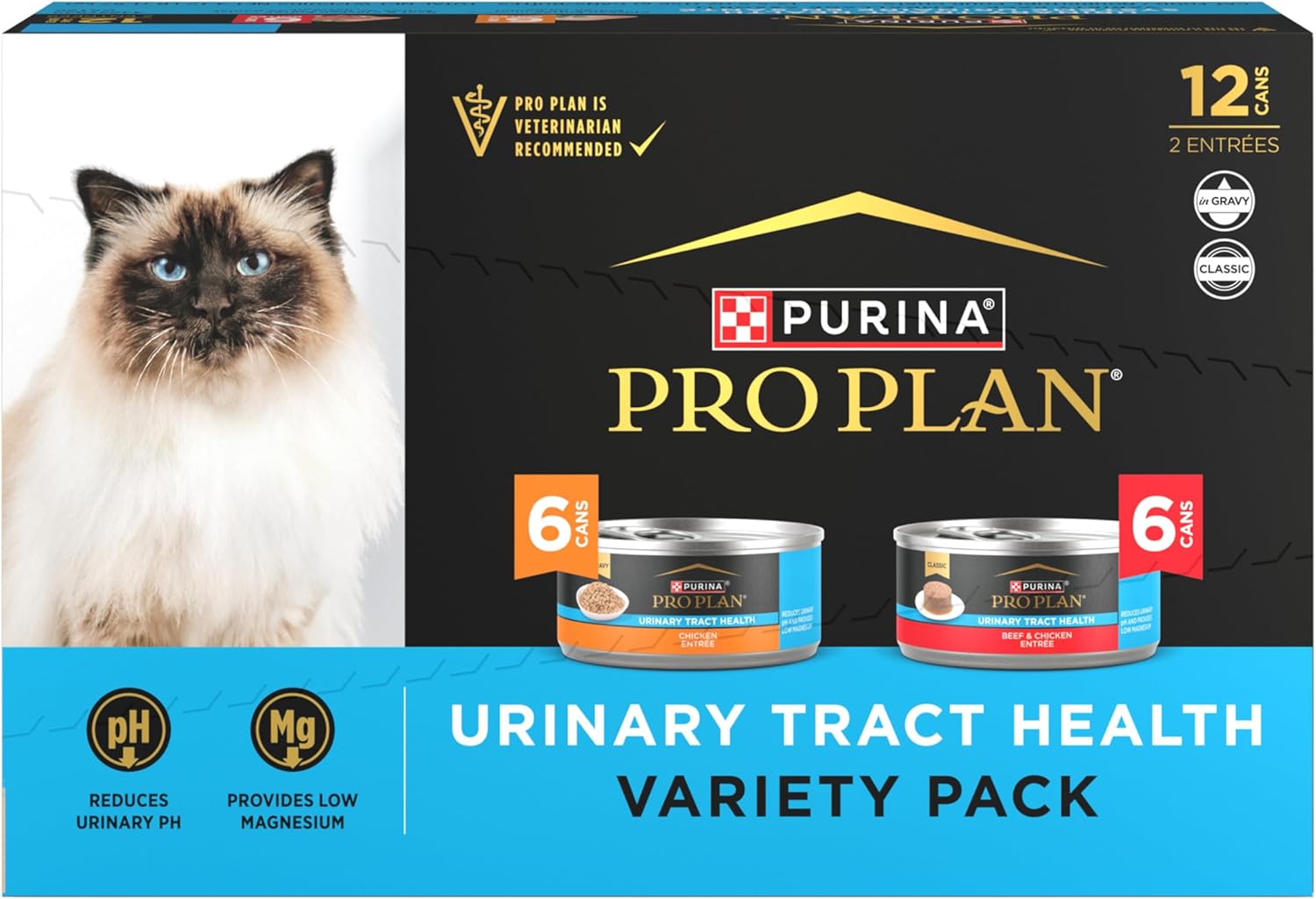 Urinary Tract Wet Cat Food Variety Pack Urinary Tract Health Beef and Chicken Entrees - (Pack of 12) 5.5 oz. Cans