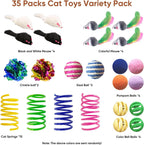 Cat Toys for Indoor Cats, 35 Packs Interactive Cat Toys Set with Colorful Springs, Mouse Cat Toy, Crinkle, Sisal, Pompom and Color Bell Balls for Kittens