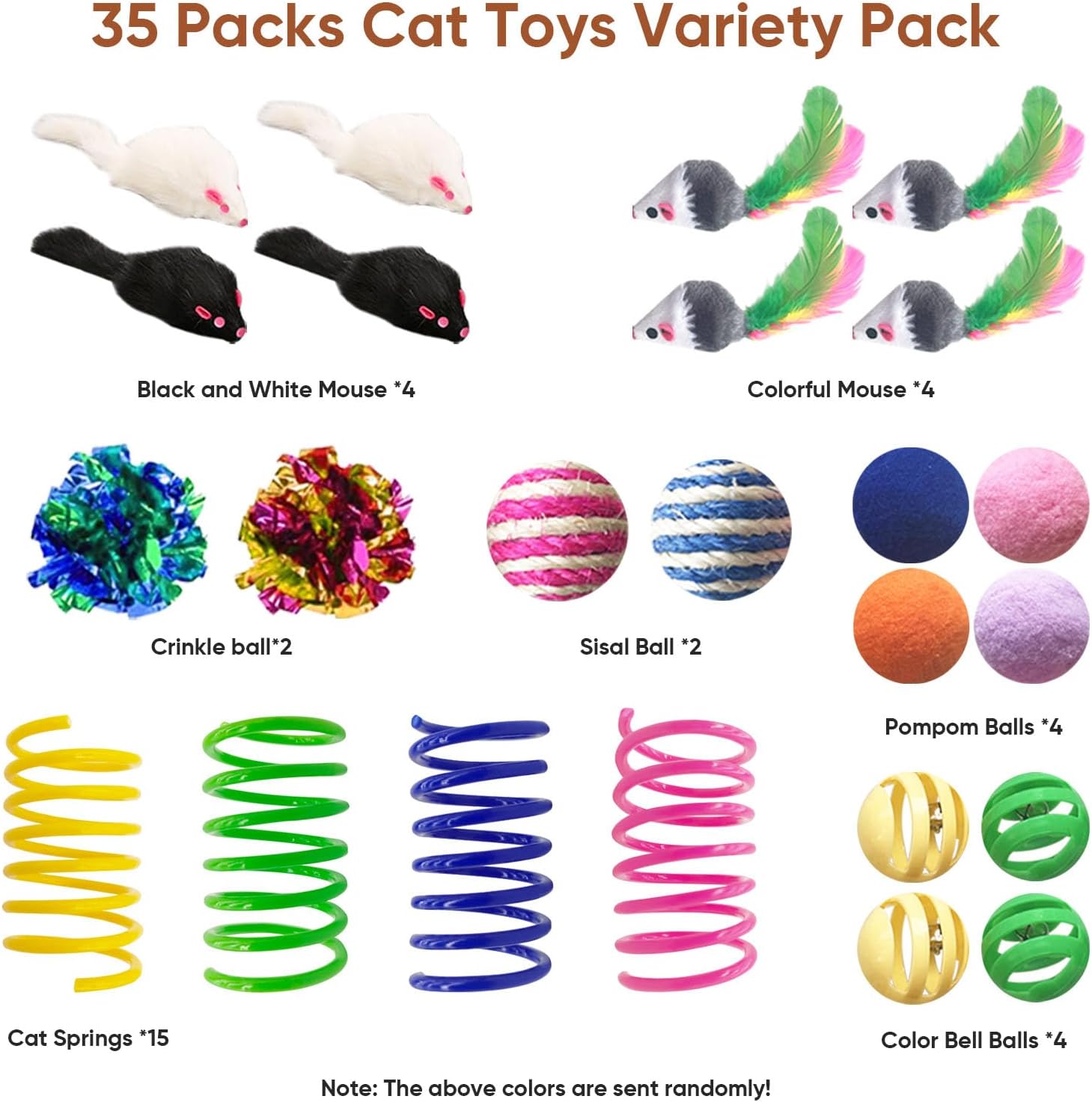 Cat Toys for Indoor Cats, 35 Packs Interactive Cat Toys Set with Colorful Springs, Mouse Cat Toy, Crinkle, Sisal, Pompom and Color Bell Balls for Kittens