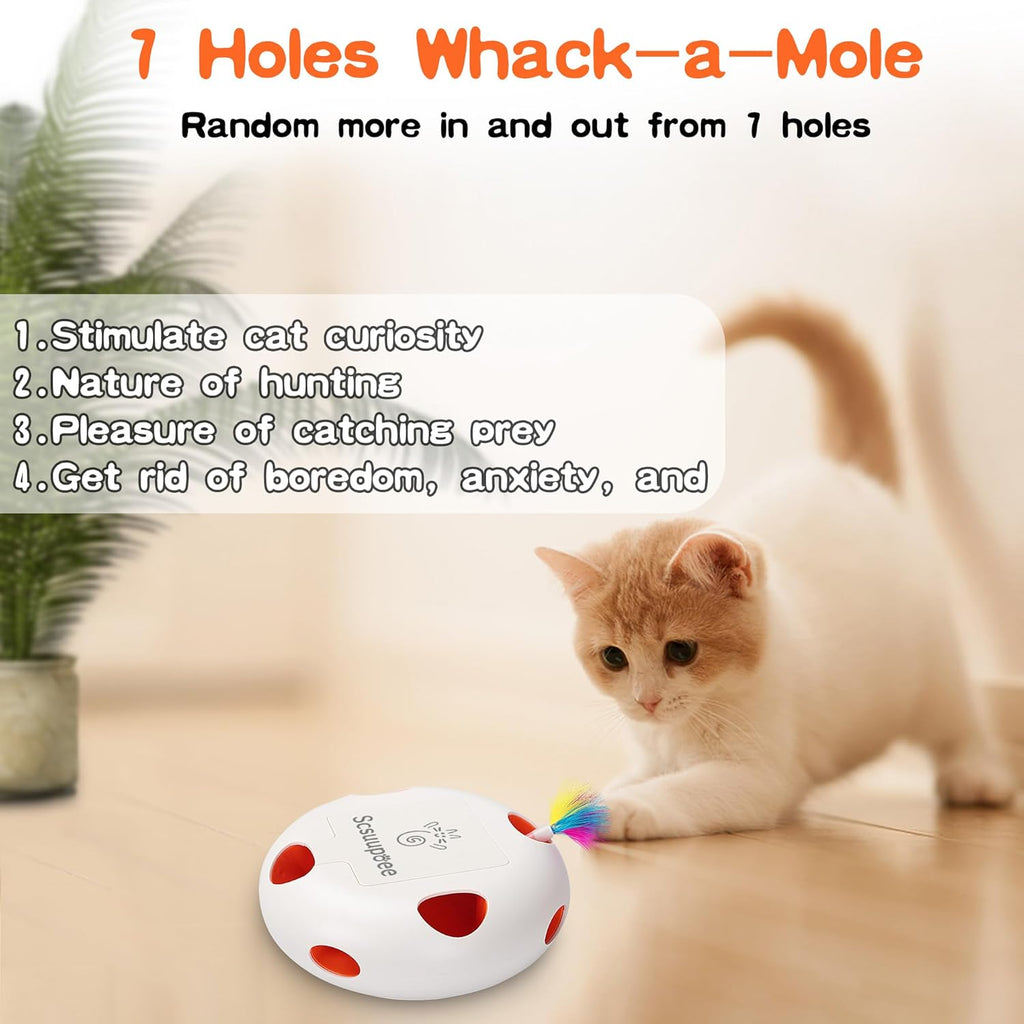 IInteractive Cat Toy, Electric Cat Toys for Moving Concealed Feathers, Smart Sensor 7 Holes Whack a Mole Feather Toy, USB Charge Automatic Kitten Toys,White