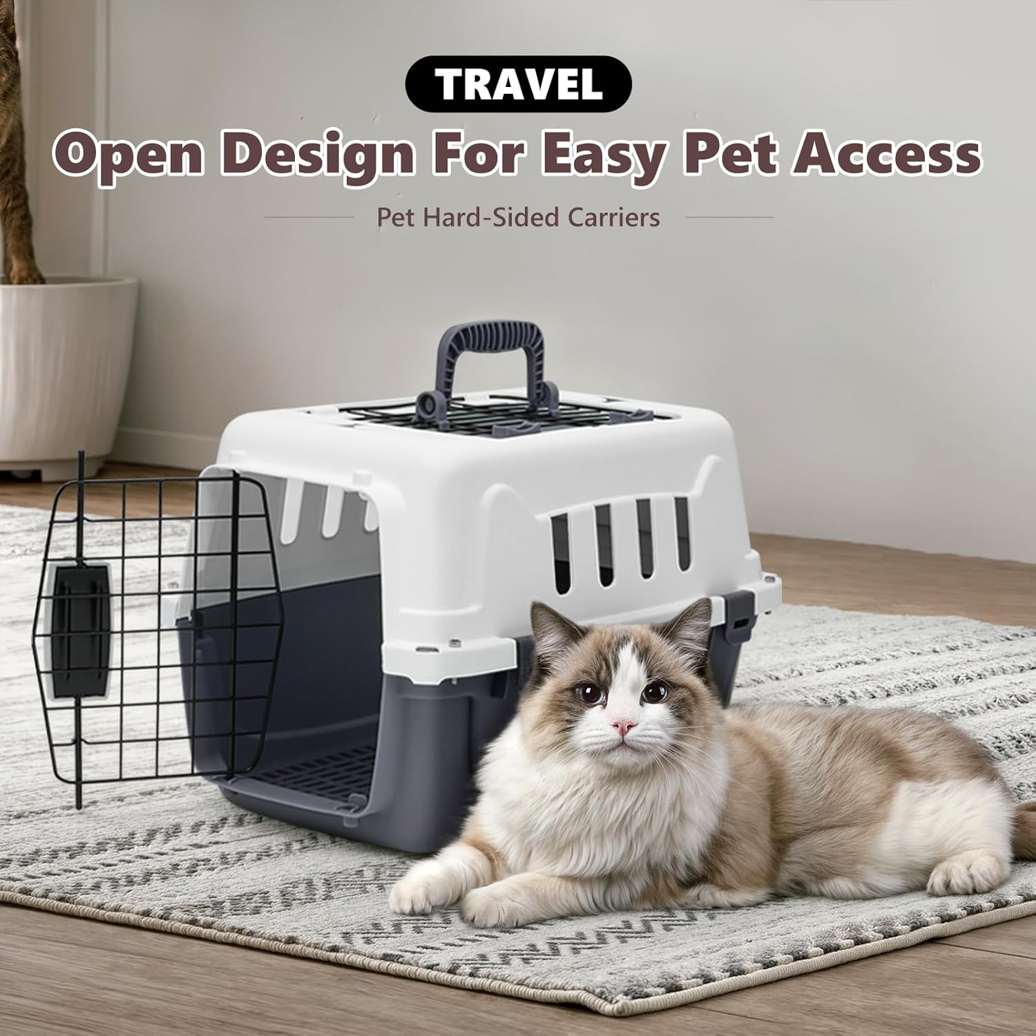Hard-Sided Travel Pet Carrier for Small Dogs and Cats, Plastic Dog Carriers with 2-Door Top & Front Load & Ventilation & Security Lock, Cat Dog Carrier for Pet, up to 10lbs, Grey