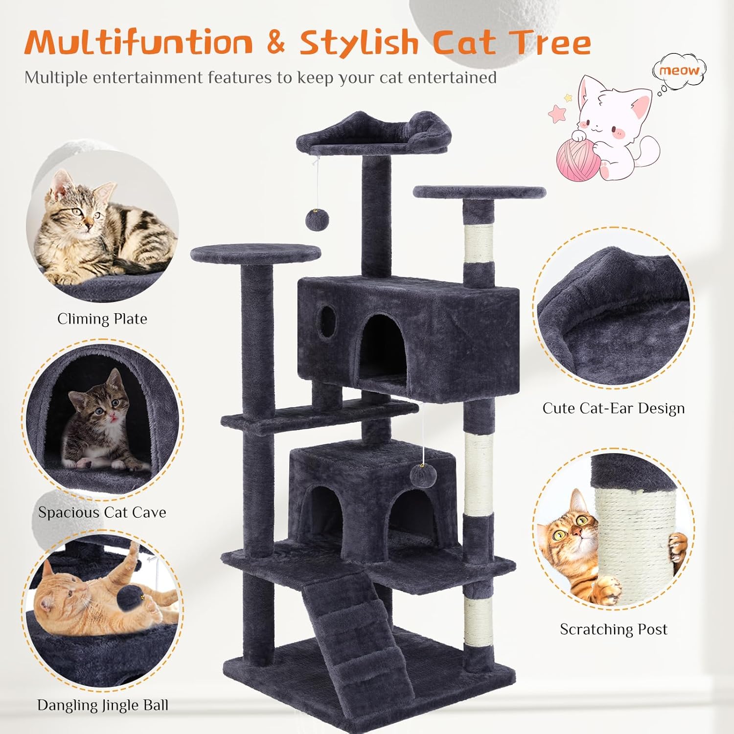 54 Inch Cat Tree Tower, Multi-Level with Cat Scratching Post, Indoor Cat Condo with Climbing Ladder, Plush Toy, Play House for Cat, Dove Grey