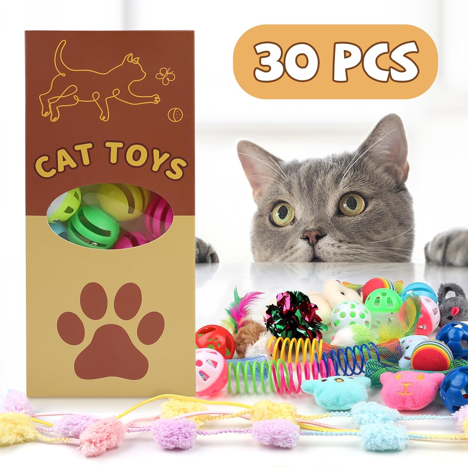 30 Pcs Cat Toy Kitten Toys Set, Interactive Cat Toy Wand Cat Springs Ball Toy with Bells, Cat Toys for Bored Indoor Cats, Gift Box Styles