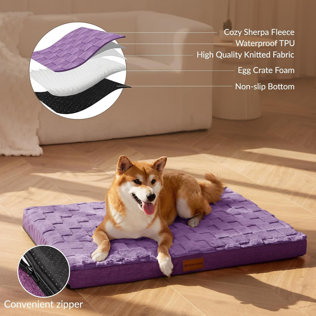 Orthopedic Dog Bed Waterproof Soft Comfortable Egg Crate Foam Large Pet Beds Crate Mat with Removable Washable Cover and Nonskid Bottom,(Purple)