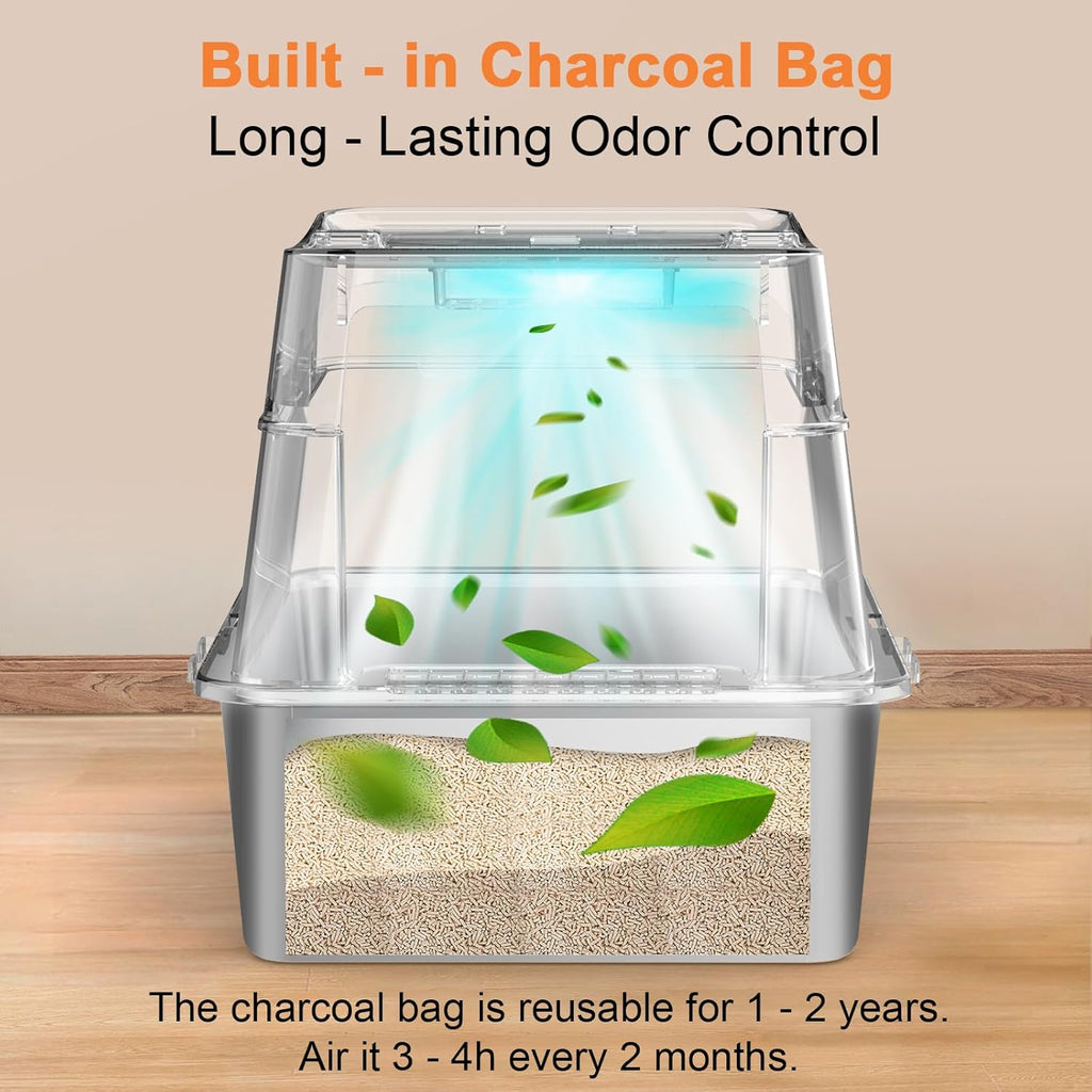 Stainless Steel Cat Litter Box with Lid 110° Flip-Top Extra Large Enclosed Litter Box Non-Sticky Metal Pan with High Sided & Scoop, Odor Free, Front & Top Entry, Anti-Leakage, Easy Cleaning