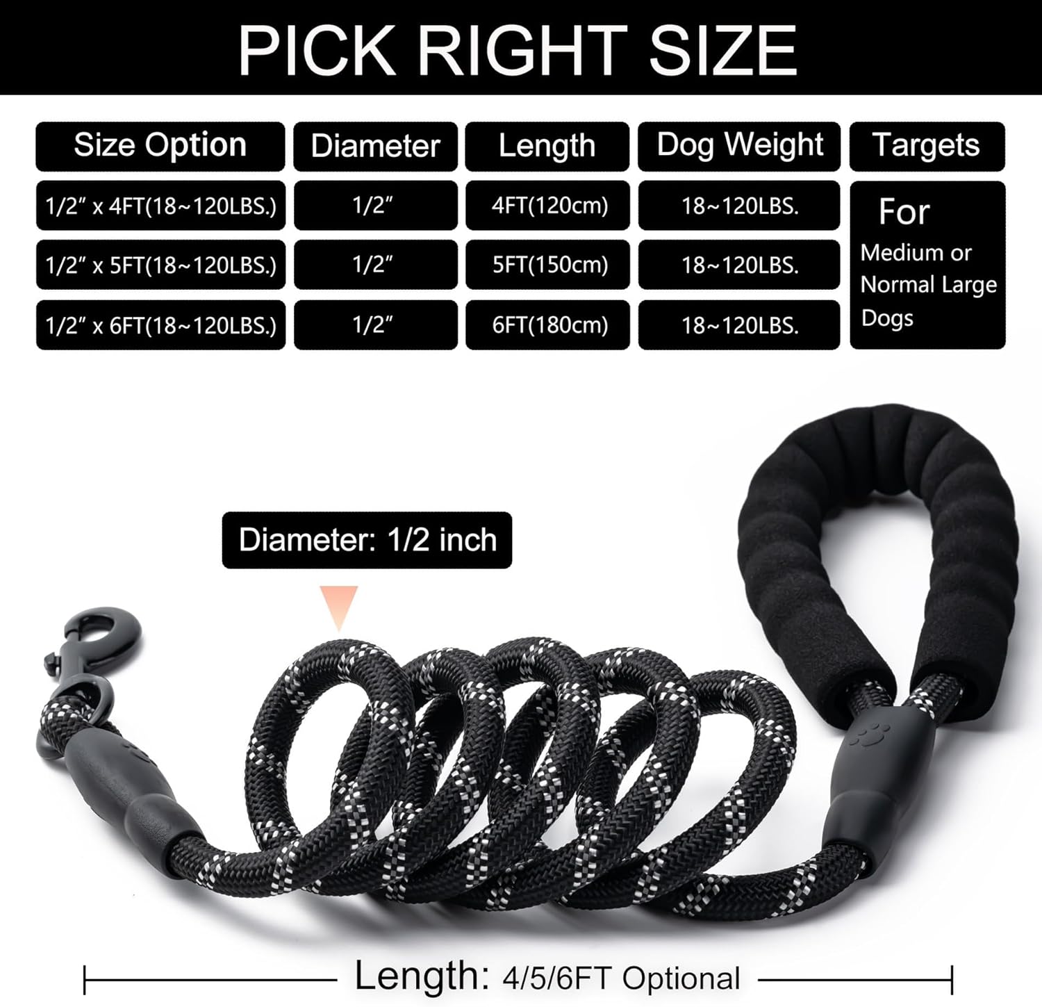 2 Pack Dog Leash, 4/5//6 FT Heavy Duty Nylon Rope Pet Leashes with Comfortable Padded Handle, Reflective Dog Leashes for Small Medium and Large Dogs