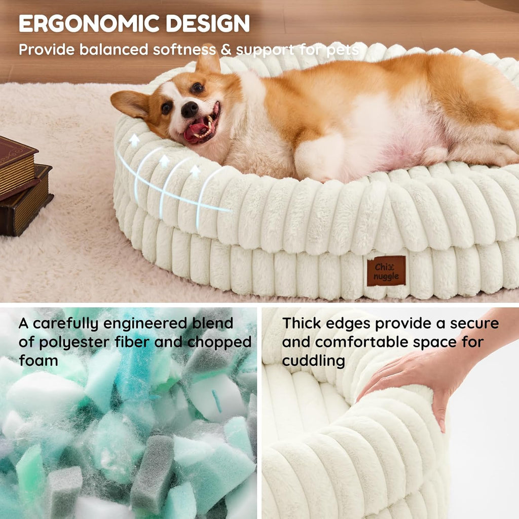 Human Dog Bed for Adult - Luxury Striped Faux Fur Giant Dog Bed with Portable Handle, Egg Orthopedic Foam Pad with Thick Blanket, , Cream