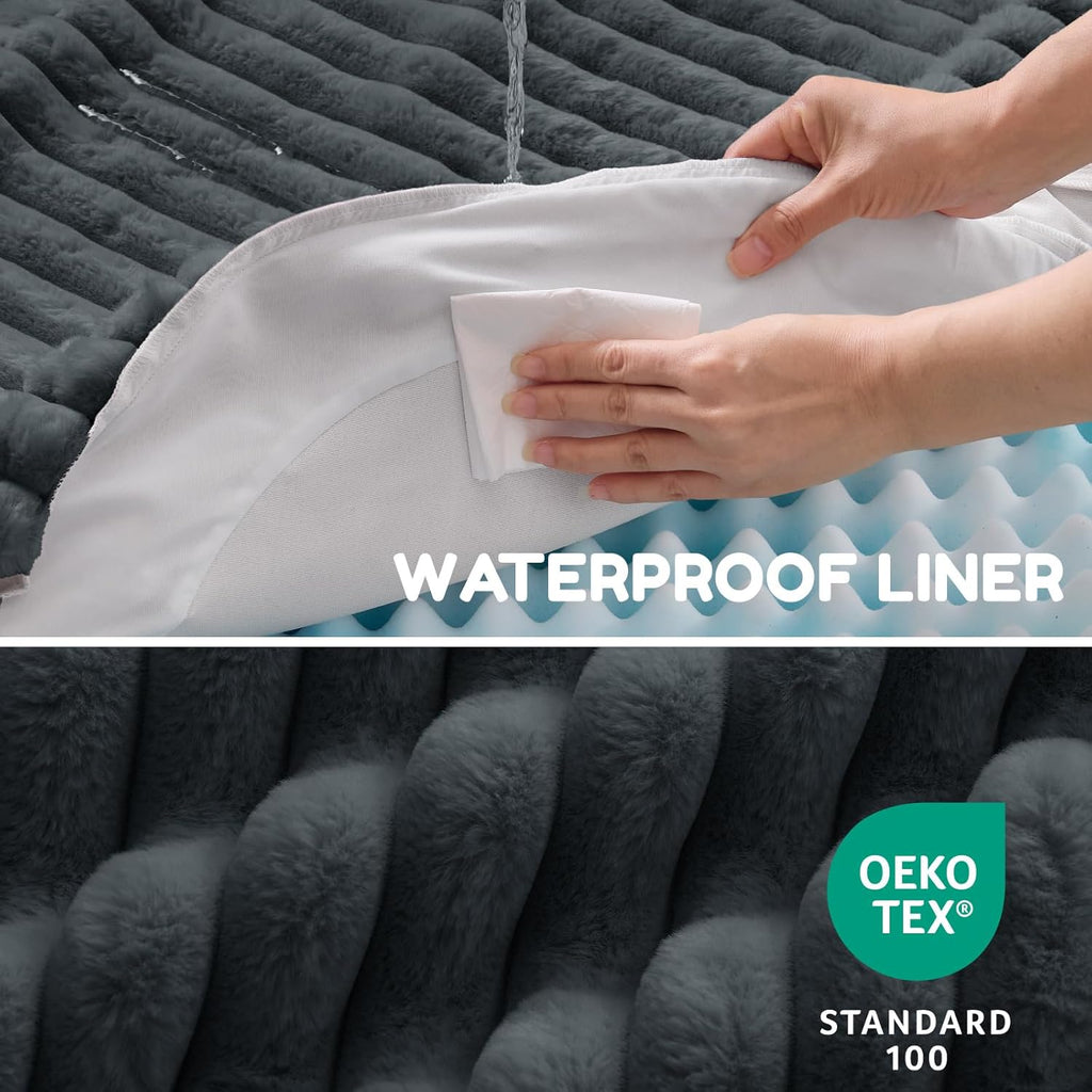 Dog Bed - Luxury Striped Faux Fur Waterproof Pet Couch with Removable Washable Cover, Orthopedic Dog Bed with Bolster Sides for Sleeping, Dark Grey