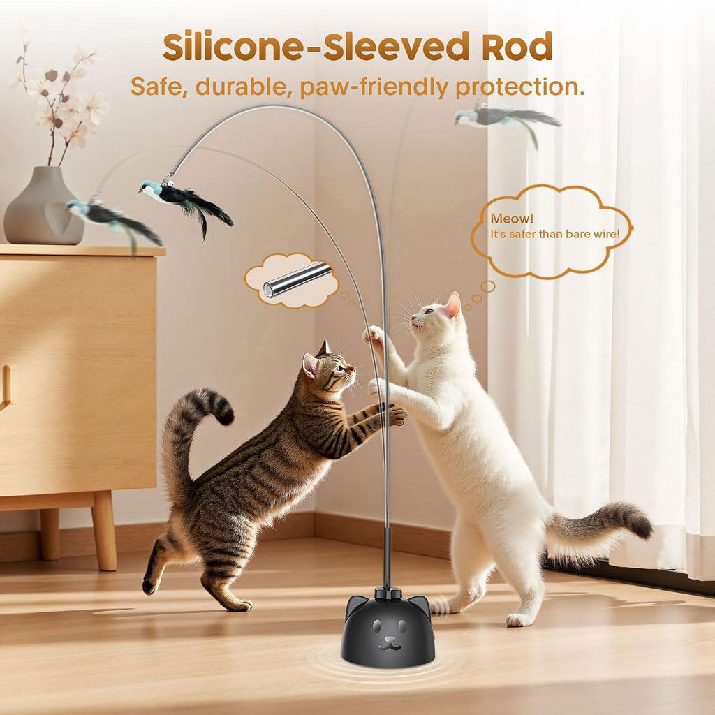Interactive Cat Toys for Indoor Cats: Upgraded 360° Automatic Spin Flying Bird Feather Wand with Silicone Protected Rod Safe Play, Strong 8cm Suction Cup, USB-Rechargeable for Bored Kittens and Adult