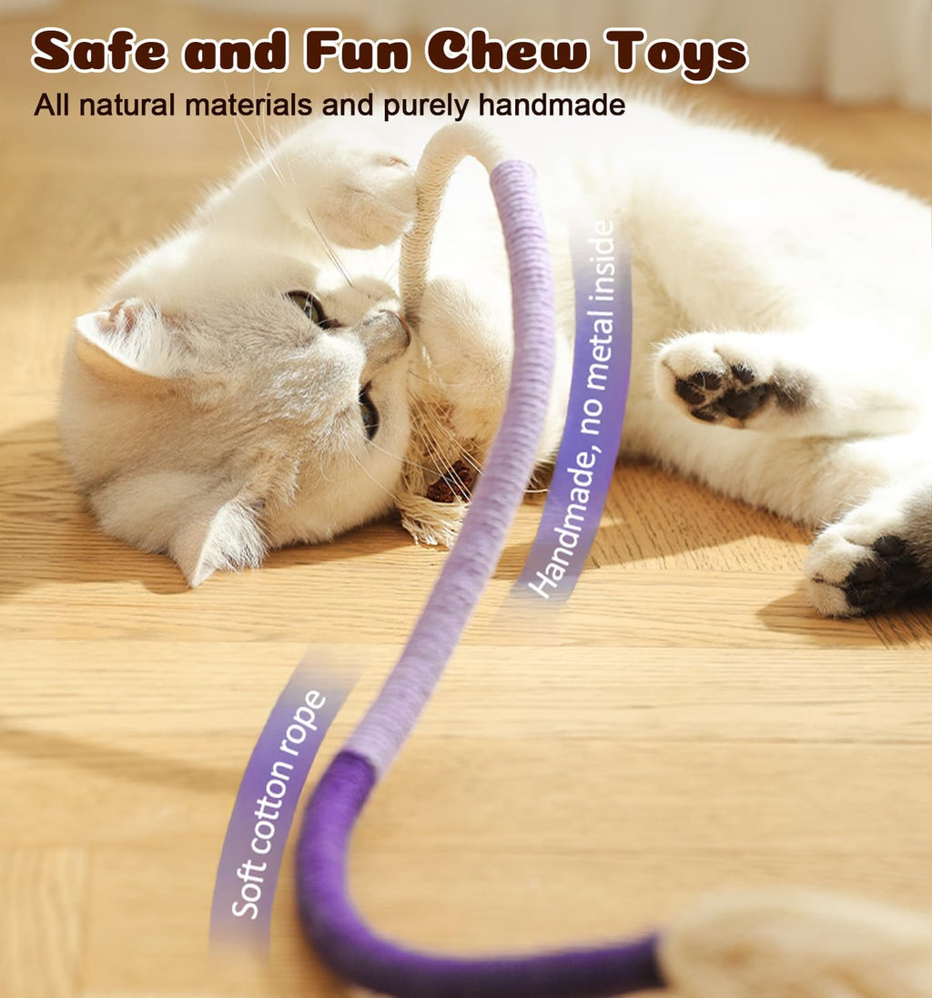Cat Chew Ropes 4Pcs, Cat Toys for Indoor Cats with Refillable Natural Catnip, Safe Teeth Cleaning Chew Toys, Interactive Kitten Nip Toys and All Breeds