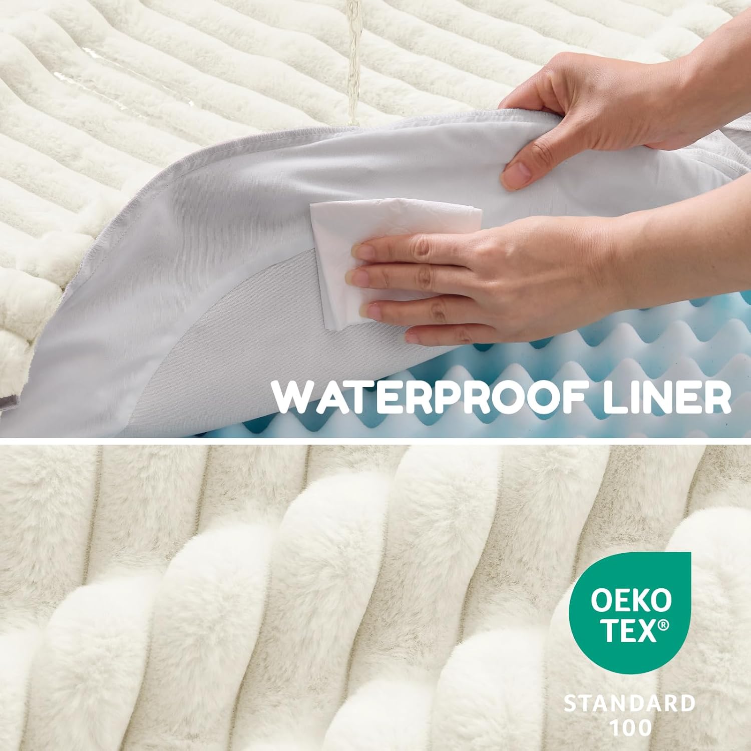 Human Dog Bed for Adult - Luxury Striped Faux Fur Giant Dog Bed with Portable Handle, Egg Orthopedic Foam Pad with Thick Blanket, , Cream