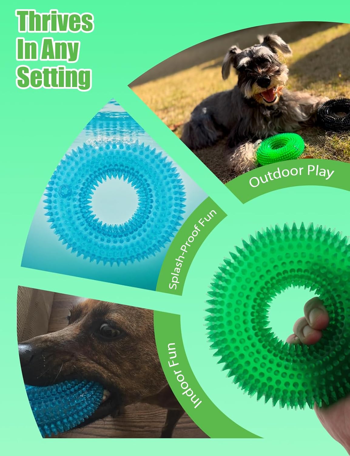 Dog Squeaky Chew Toys for Aggressive Chewers, Small Medium Large Dogs Teeth Cleaning Soft Natural Rubber Float Toy for Indoor Outdoor Water Pool, Donut Ring Design 4.92 inch, Crystal Blue Crystal Green