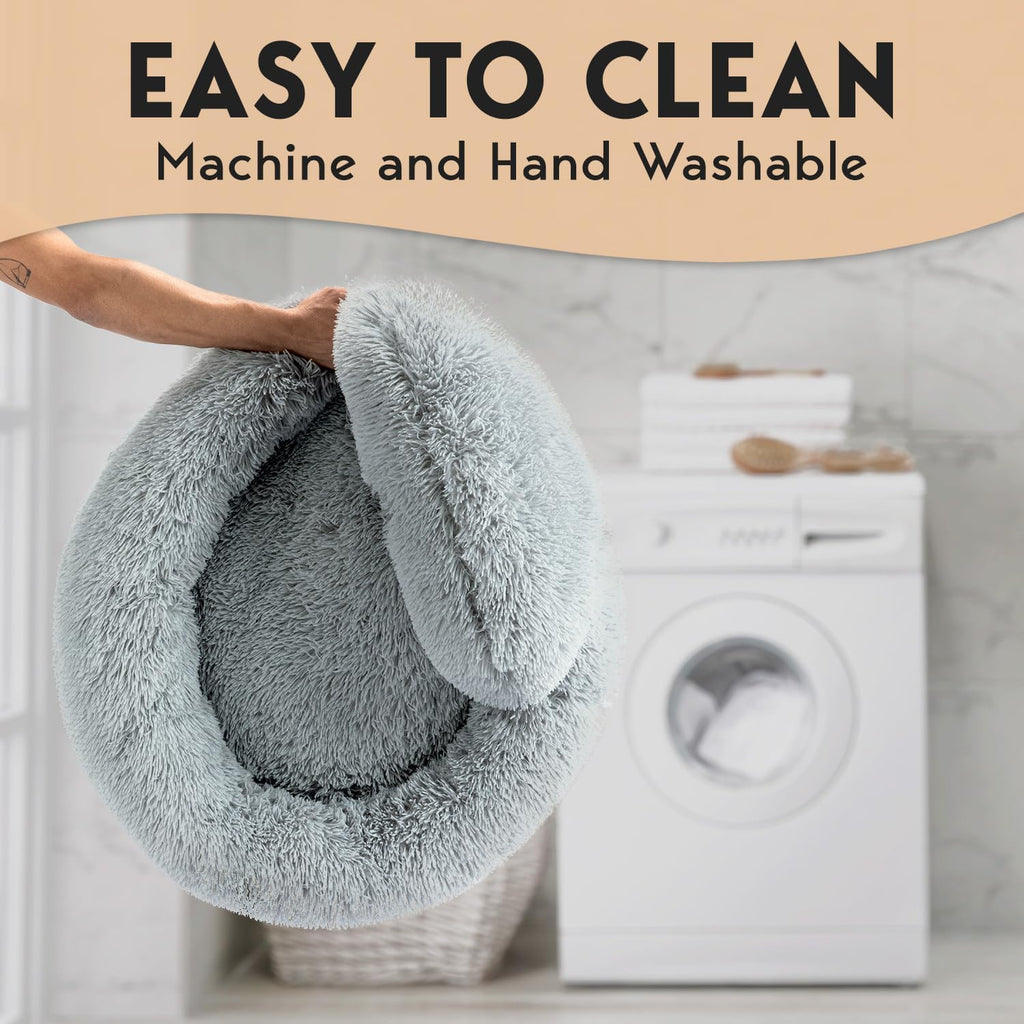 PetJett Calming Dog Beds Large Sized Dog - Round Bed, Anti-Slip & Washable Super Soft Donut Bed, Fluffy Faux Fur Anti-Anxiety Premium Comfort Pet Bed, Fits Dogs - Bright Grey