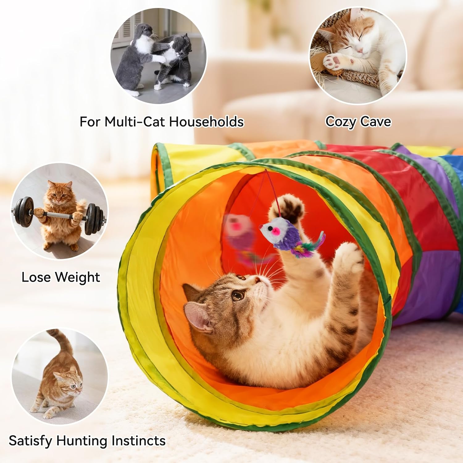Cat Tunnels for Indoor Cats, Pet Tube Toy with Play Ball and Toy Mouse, Christmas S-Shape Collapsible Tunnel with Interactive Hole for Kitty, Kitten, Rabbit, Puppy (Rainbow)