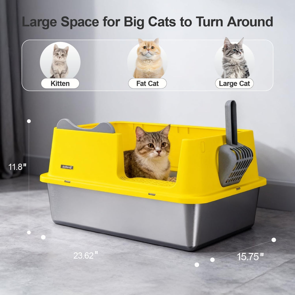 Cat Litter Box, Open Top High-Sided Metal Litter Box with Scoop, Extra Large Litter Boxes for Kitty Kitten and Big Cats, Anti-Urine Leakage, Non-Sticky, Easy to Clean (Yellow)