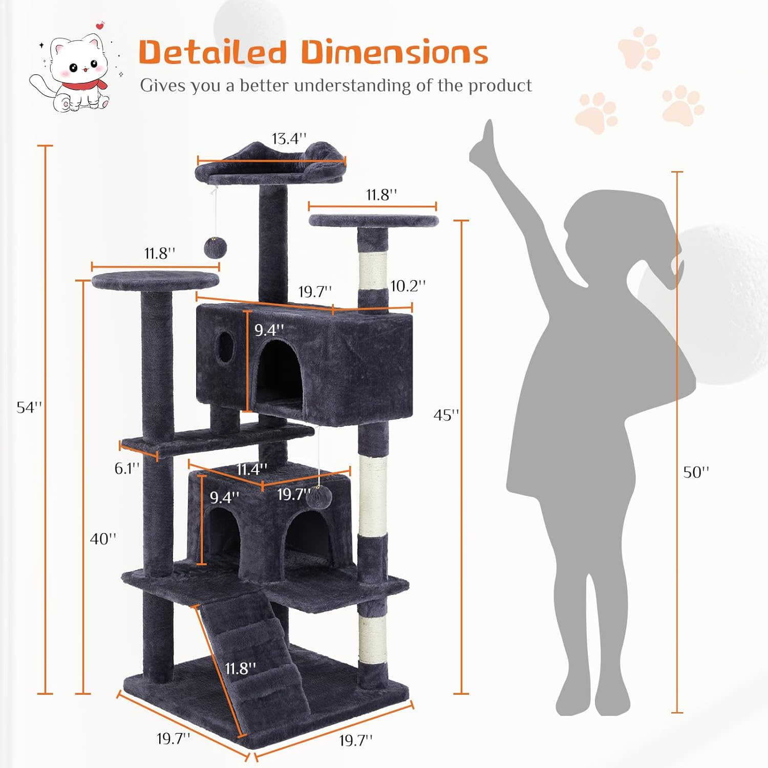 54 Inch Cat Tree Tower, Multi-Level with Cat Scratching Post, Indoor Cat Condo with Climbing Ladder, Plush Toy, Play House for Cat, Dove Grey