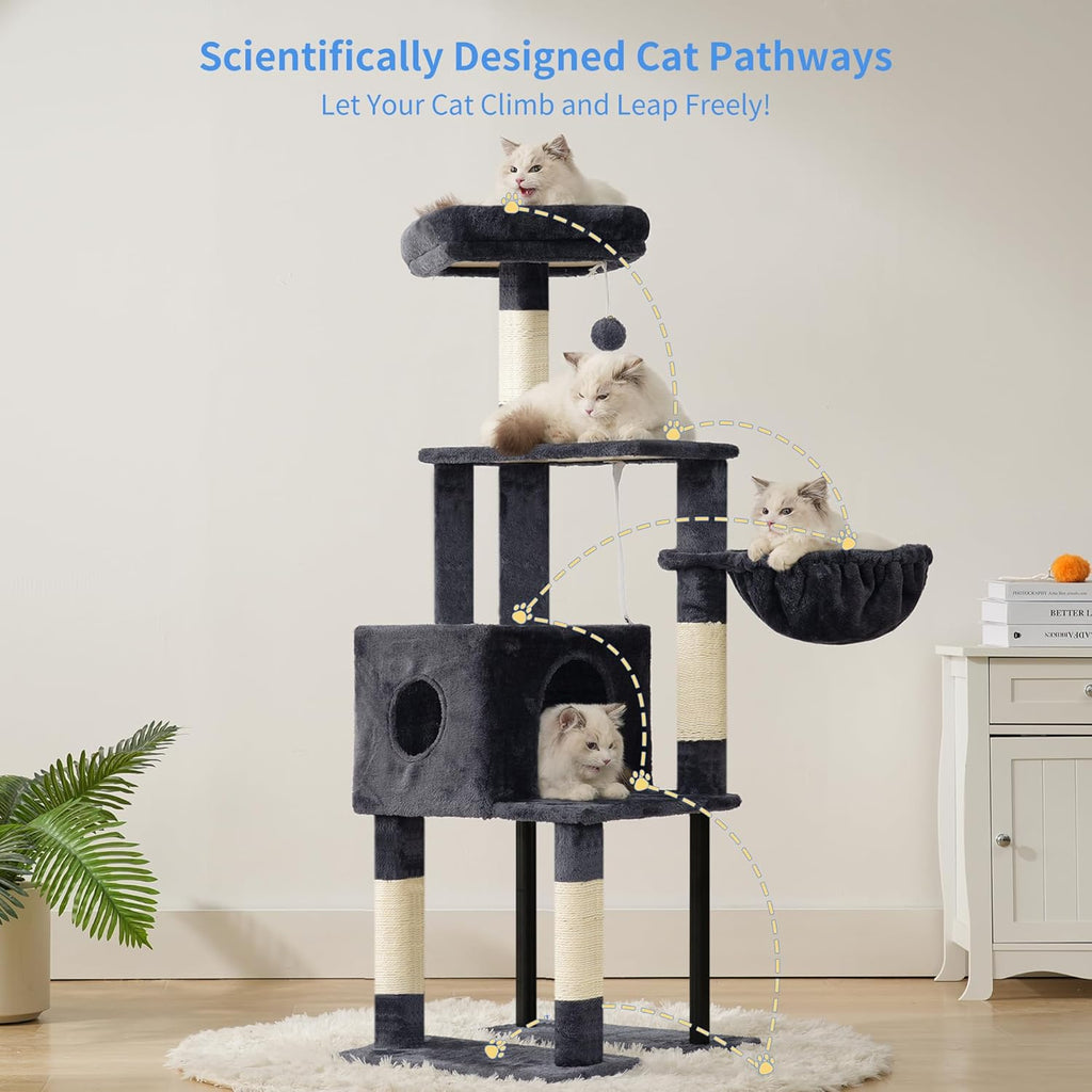Cat Tree, 49.2 Inches Cat Tower for Indoor Cats, Spacious Cat House Condo with Hidden Space，Sturdy Steel Tube，Soft Plush Top Perch，Cozy Hammock and Sisal Scratching Posts, Smoky Gray