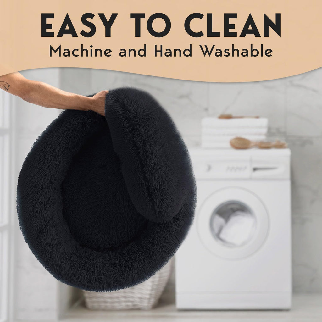 PetJett Calming Dog Beds Large Sized Dog -  Round Bed, Anti-Slip & Washable Super Soft Donut Bed, Fluffy Faux Fur Anti-Anxiety Premium Comfort Pet Bed, Fits Dogs  - Black