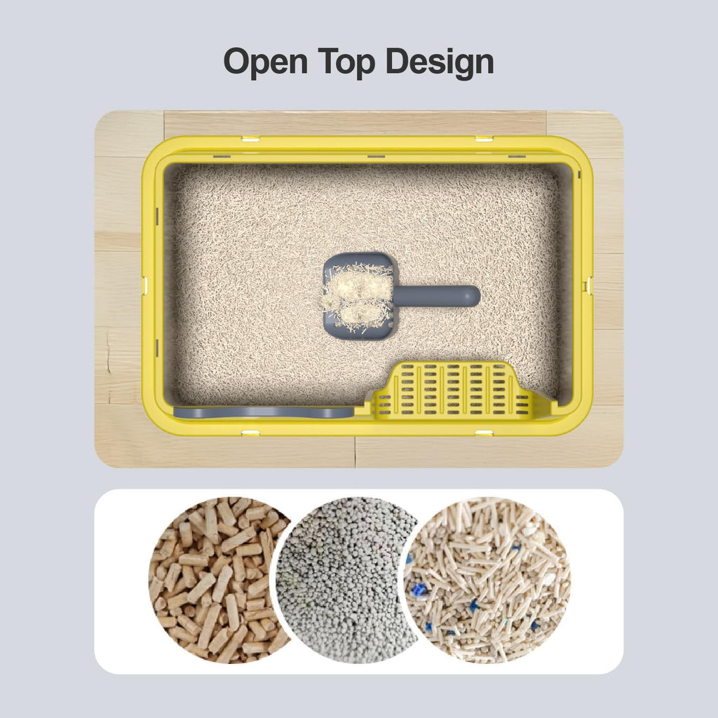 Cat Litter Box, Open Top High-Sided Metal Litter Box with Scoop, Extra Large Litter Boxes for Kitty Kitten and Big Cats, Anti-Urine Leakage, Non-Sticky, Easy to Clean (Yellow)