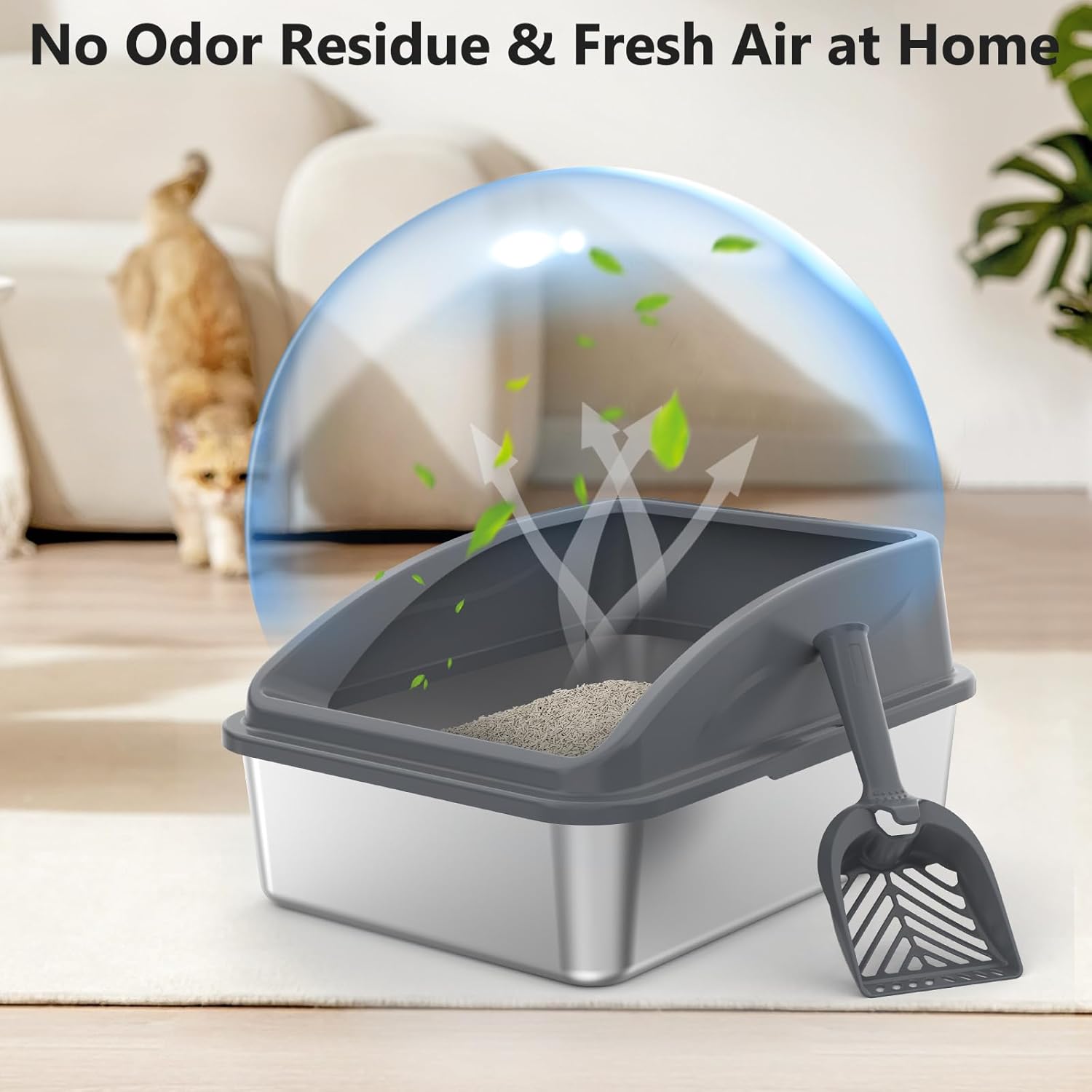 Steel Litter Box, Metal Kitty Litter Box with Scoop, Anti-Leakage Top Entry, Non-Sticky, Easy to Clean