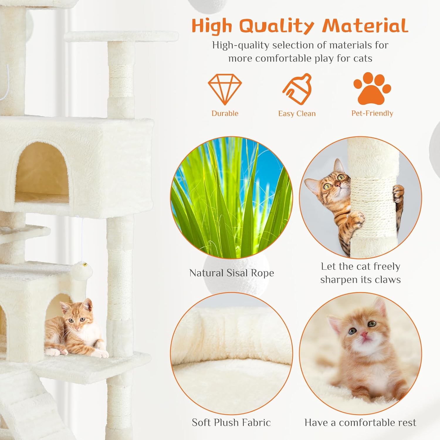54 Inch Cat Tree Tower, Multi-Level with Cat Scratching Post, Indoor Cat Condo with Climbing Ladder, Plush Toy, Play House for Cat, Dove Beige