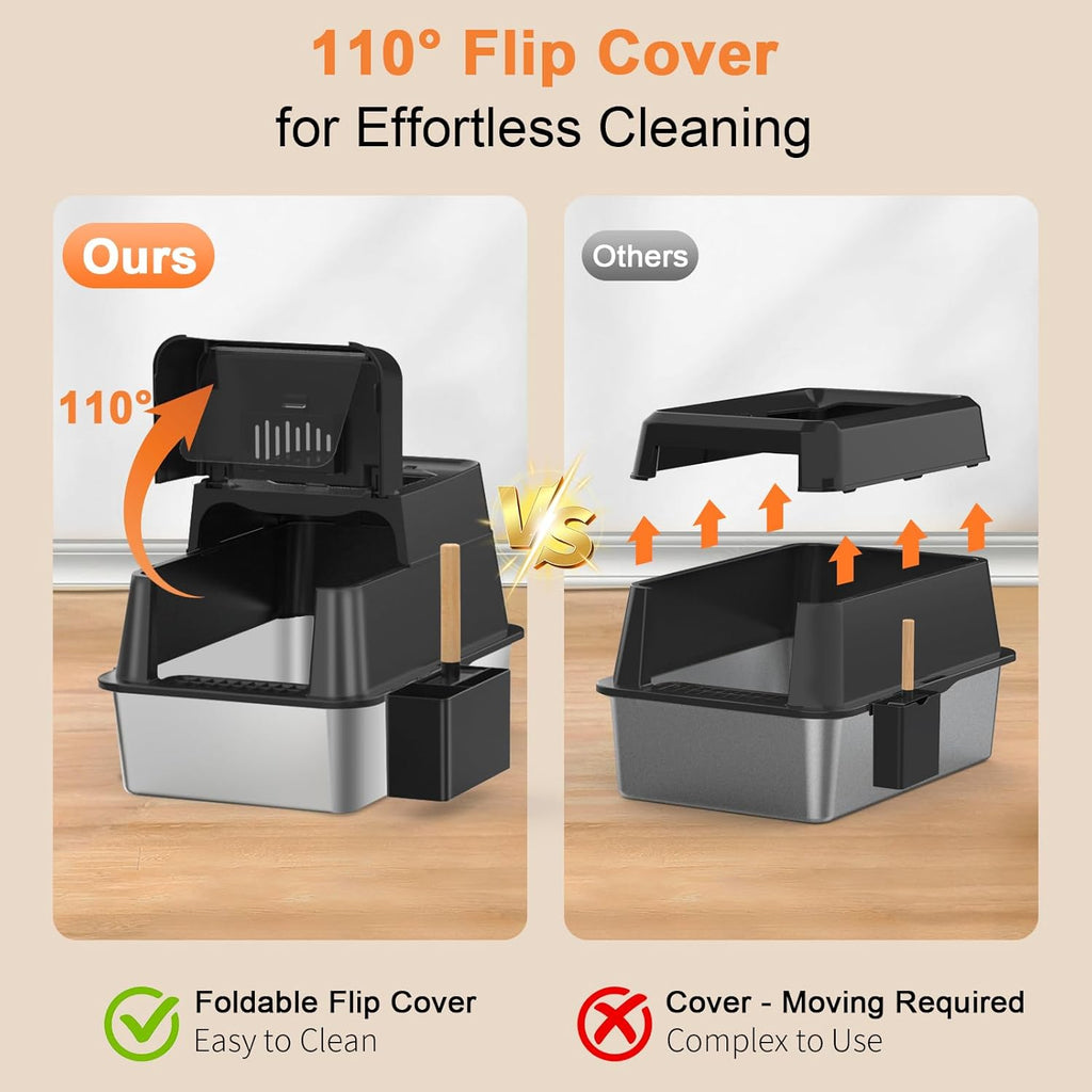 Stainless Steel Cat Litter Box with Lid 110° Flip-Top Extra Large Enclosed Litter Box Non-Sticky Metal Pan with High Sided & Scoop, Odor Free, Front & Top Entry, Anti-Leakage, Easy Cleaning