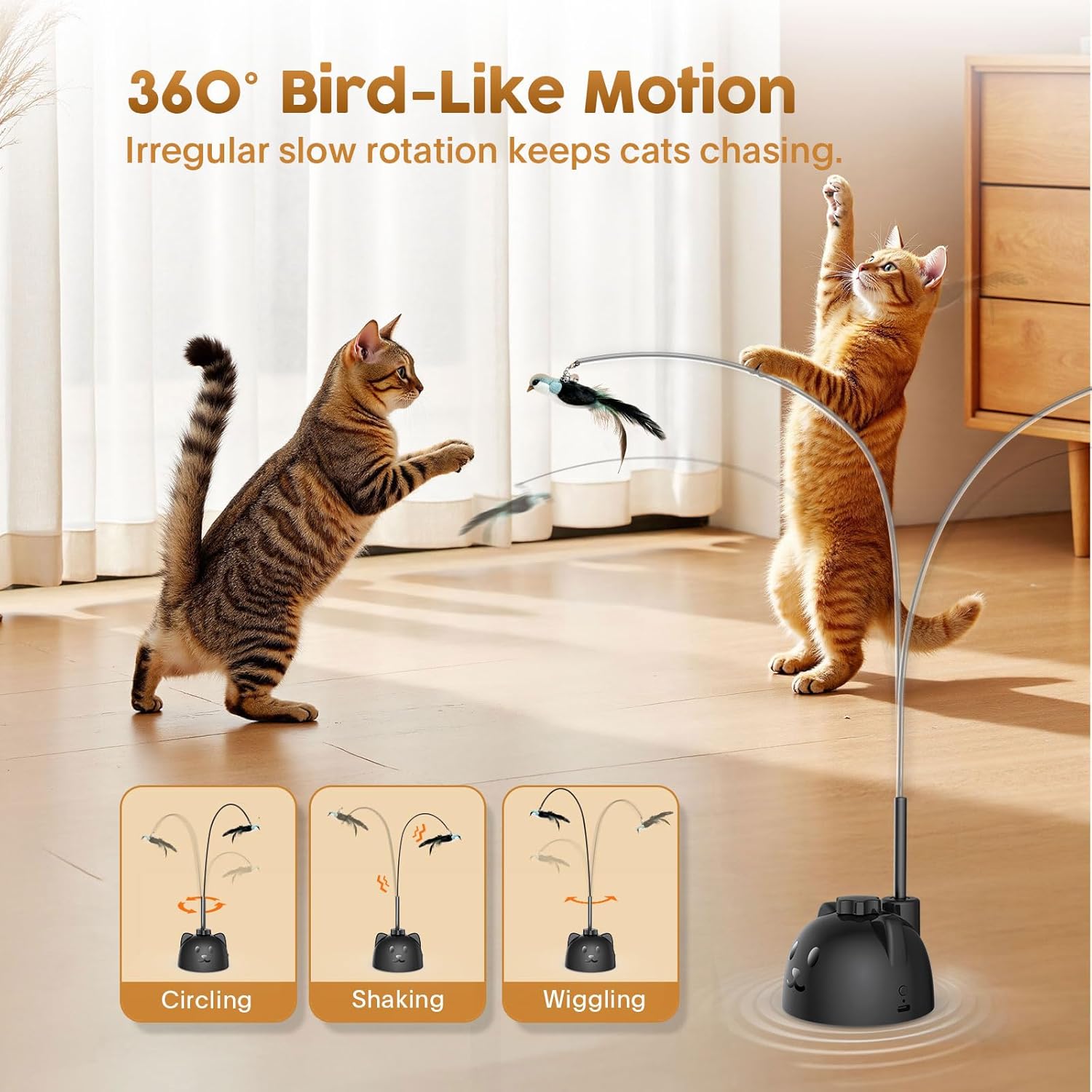 Interactive Cat Toys for Indoor Cats: Upgraded 360° Automatic Spin Flying Bird Feather Wand with Silicone Protected Rod Safe Play, Strong 8cm Suction Cup, USB-Rechargeable for Bored Kittens and Adult