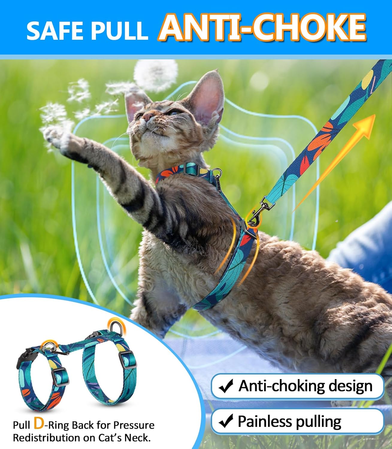 Cat Harness and Leash Set, 3-in-1 Adjustable & Lightweight, Escape-Proof, Comfortable Soft Kitten Harness for Large Cats, Safe, Easy to Wear, Outdoor Walking Travel