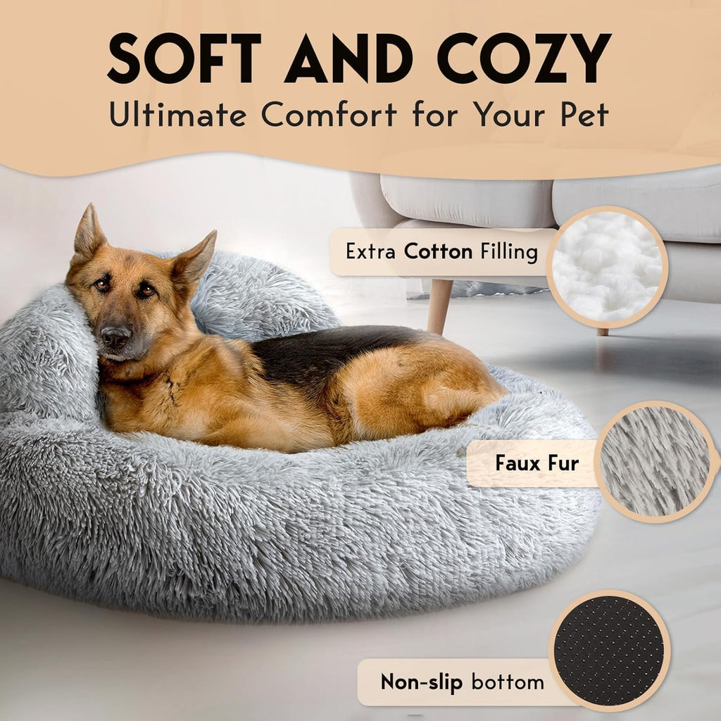 PetJett Calming Dog Beds Large Sized Dog - Round Bed, Anti-Slip & Washable Super Soft Donut Bed, Fluffy Faux Fur Anti-Anxiety Premium Comfort Pet Bed, Fits Dogs - Bright Grey
