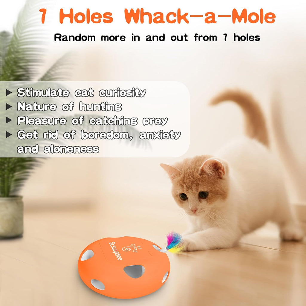 IInteractive Cat Toy, Electric Cat Toys for Moving Concealed Feathers, Smart Sensor 7 Holes Whack a Mole Feather Toy, USB Charge Automatic Kitten Toys,orange