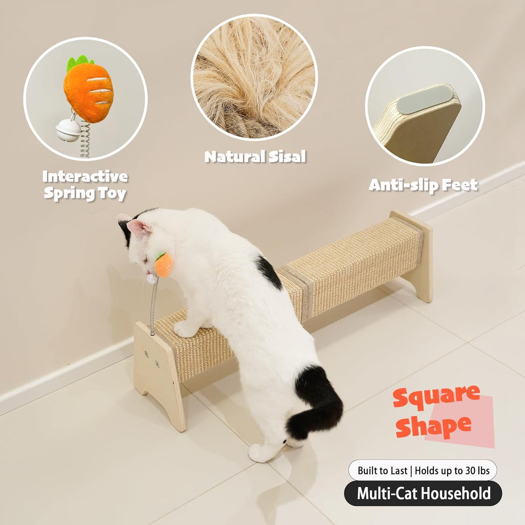Horizontal Scratching Post, 30" Sisal Cat Scratch Pad, Large Cat Scratcher with Spring Toy, Protect Furniture for Indoor Kitten