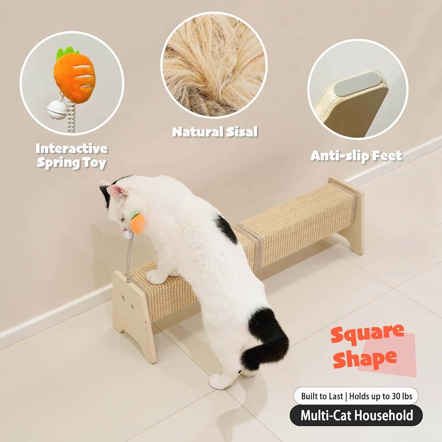 Horizontal Scratching Post, 30" Sisal Cat Scratch Pad, Large Cat Scratcher with Spring Toy, Protect Furniture for Indoor Kitten