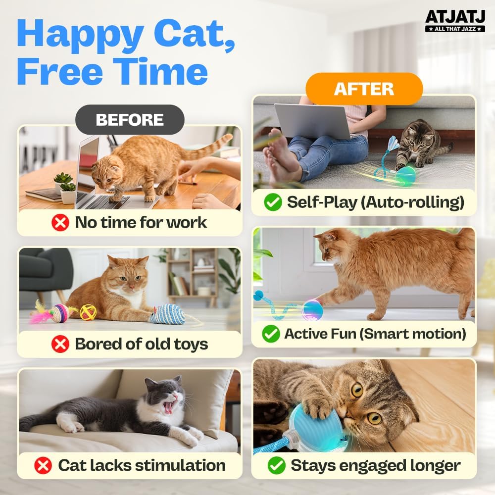 Interactive Cat Balls Toys for Indoor Cats, Automated Smart Ball Cat Toy with Elastic Mesh Tail, 3-Speed Rechargeable Rolling Kitten Toy, Electronic Mental Stimulating Self Play Pet Ball for Fun