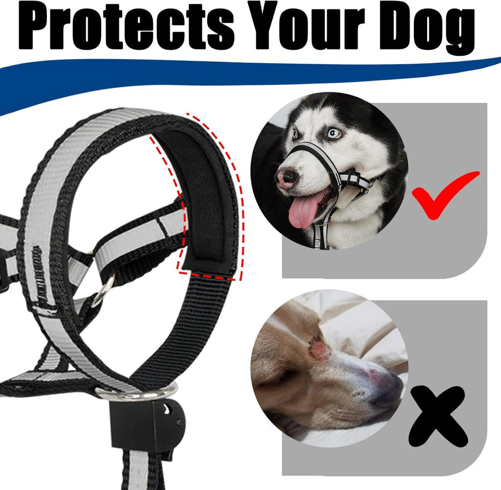 Reflective Head Collar, No Pull Collar for Large Dogs, Anti-Pull Muzzle Leash for Large Sized Breed, Adjustable Soft Dog Halter, Nose Leash for Easy Control on Walks