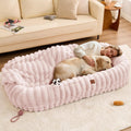 Human Dog Bed for Adult - Luxury Striped Faux Fur Giant Dog Bed with Portable Handle, Egg Orthopedic Foam Pad with Thick Warm Blanket, Pink
