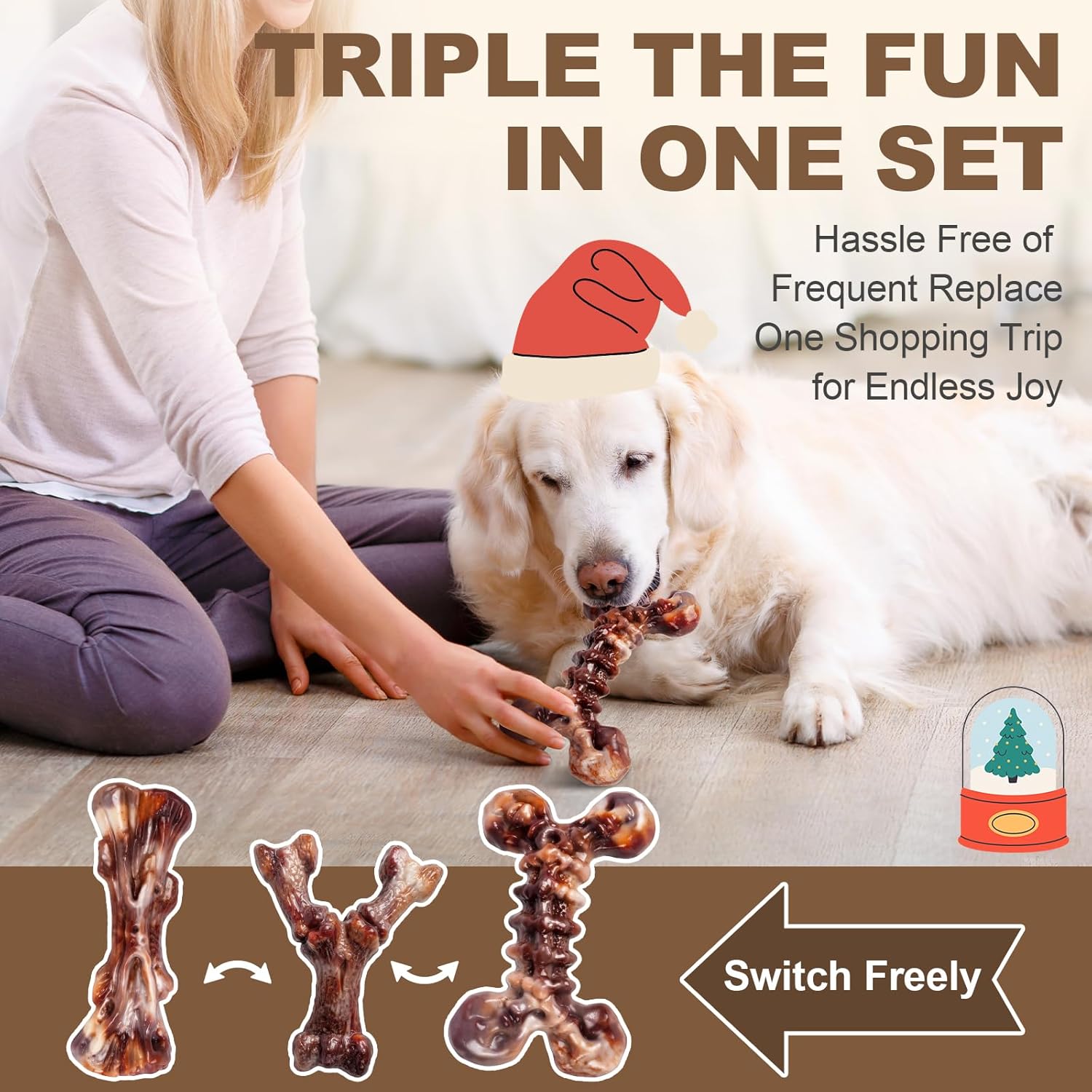 Dog Toys for Aggressive Chewers - 3 Pack Bacon Flavored Indestructible Dog Toy, Big Tough Chew Bone for Medium Large Breed 25-80lbs to Keep Them Busy, Happy Dog Gift (Brown)