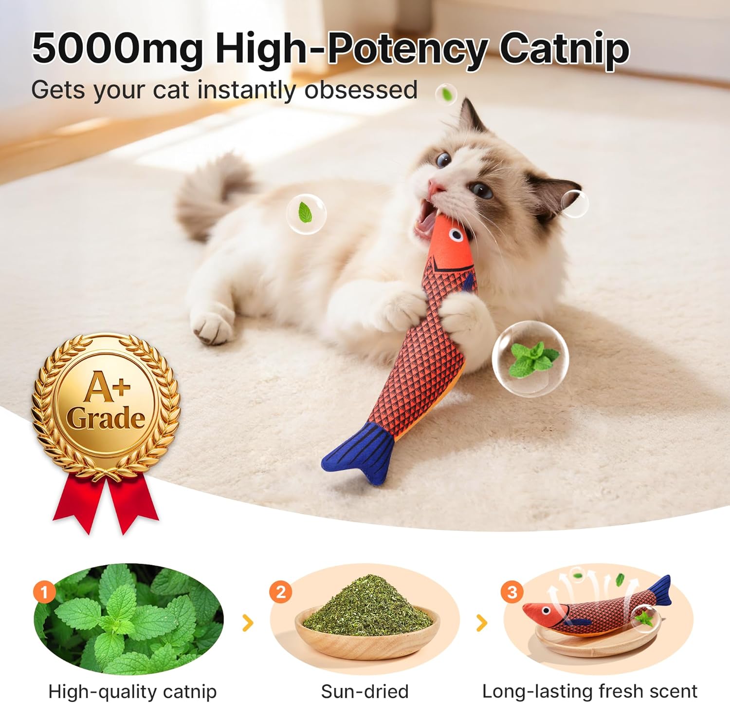 Cat Toys Saury Fish, 3 Pack, Catnip Crinkle Sound, Soft and Durable, Interactive Kitten Kicker for Indoor Kitty Exercise for All Breeds