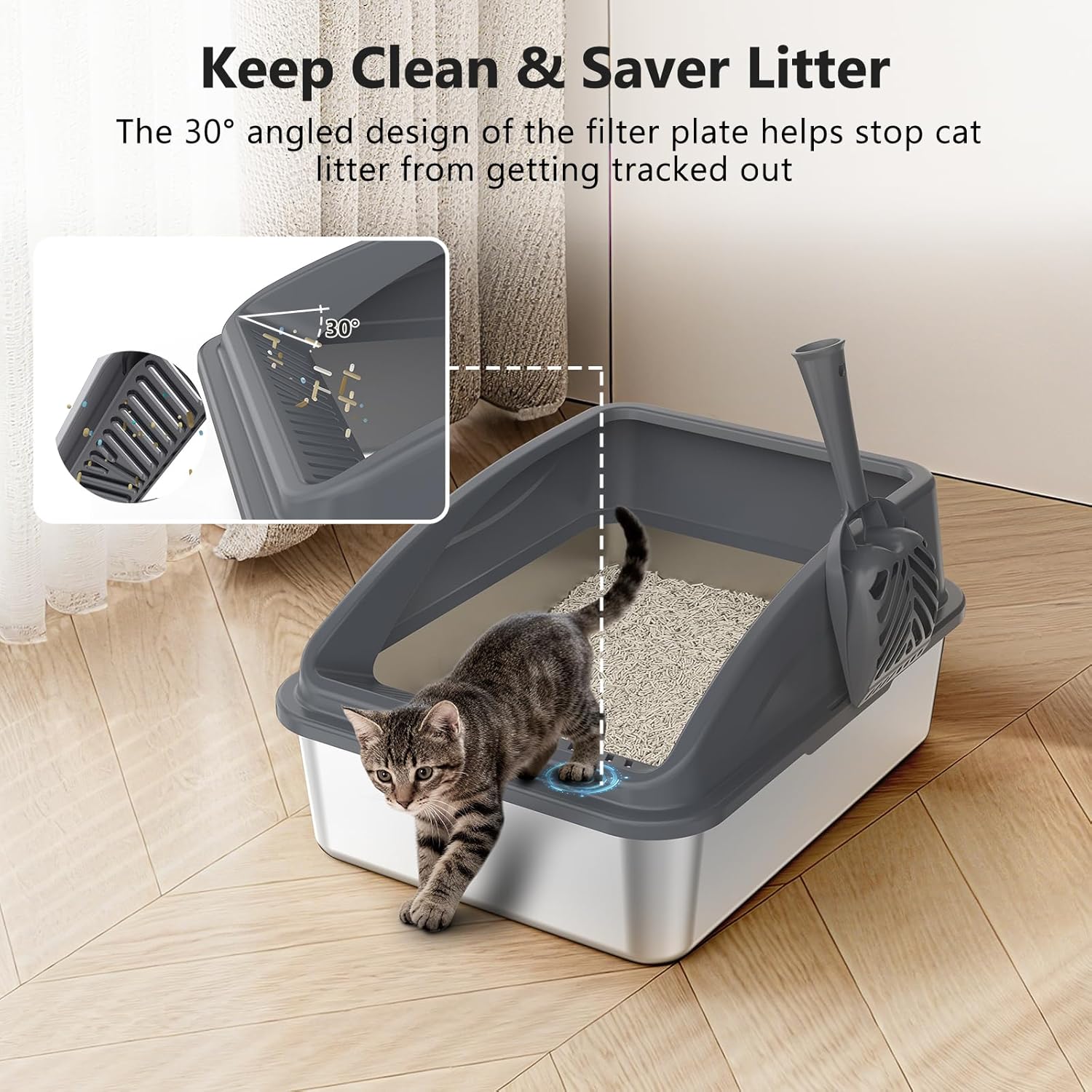 Steel Litter Box, Metal Kitty Litter Box with Scoop, Anti-Leakage Top Entry, Non-Sticky, Easy to Clean