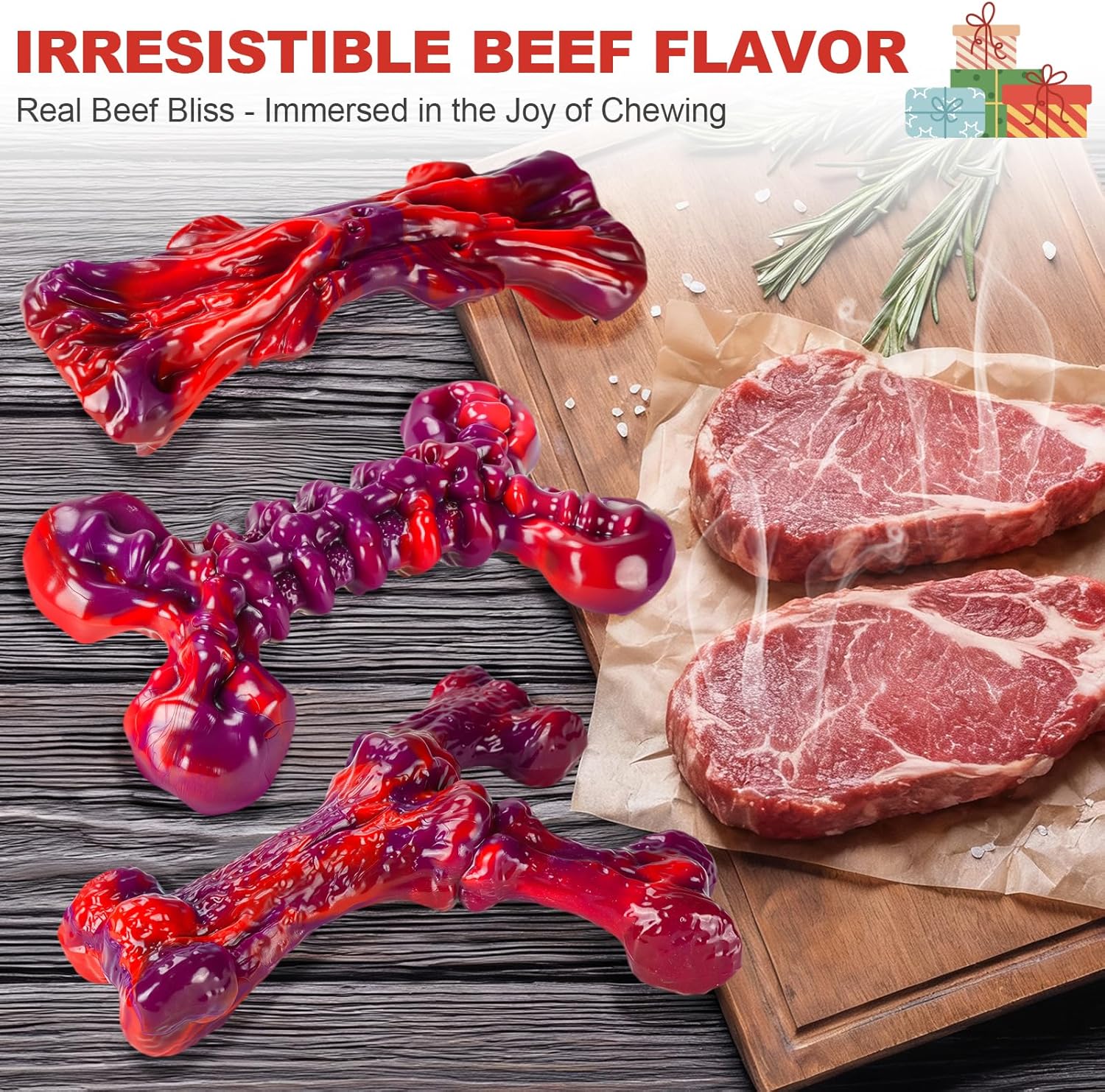 Indestructible Dog Toys for Aggressive Chewers 3-Pack: Tough Nylon Chew Toys for Medium & Large Dogs 25–80 lbs, Beef Flavor, Heavy-Duty Dog Chew Bone, Holiday Dog Gift (Red)