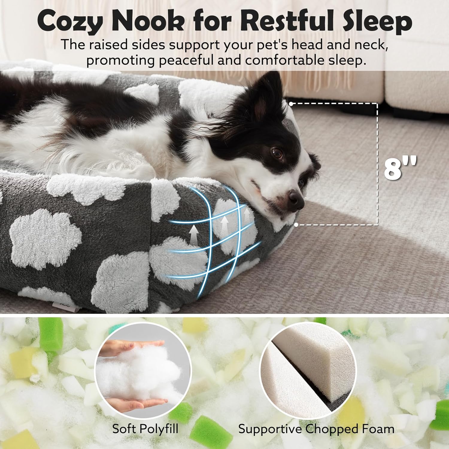 Small Dog Bed for Small Dogs, Rectangle Washable Orthopedic Dog Bed with Removable Zipper Cover, Cute Soft Calming Puppy Pet Bed with Jacquard Shaggy Plush & Non Skid Bottom