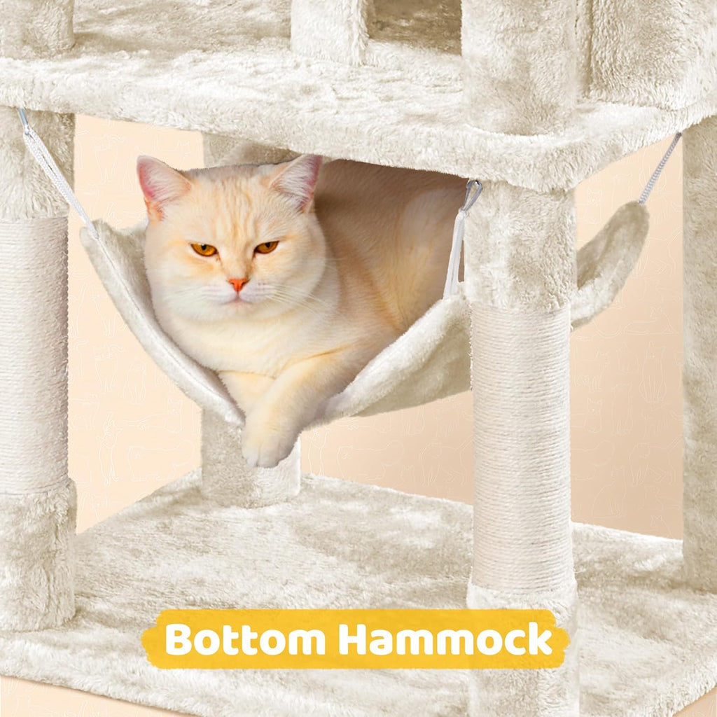 Cat Tree, 67in Large Tower w/ 3 Removable Teaser Sticks, 2 Kitten-Ear Shaped Perches, 2 Condos, Hammock, Scratching Post, Multi Level Pet House, Beige