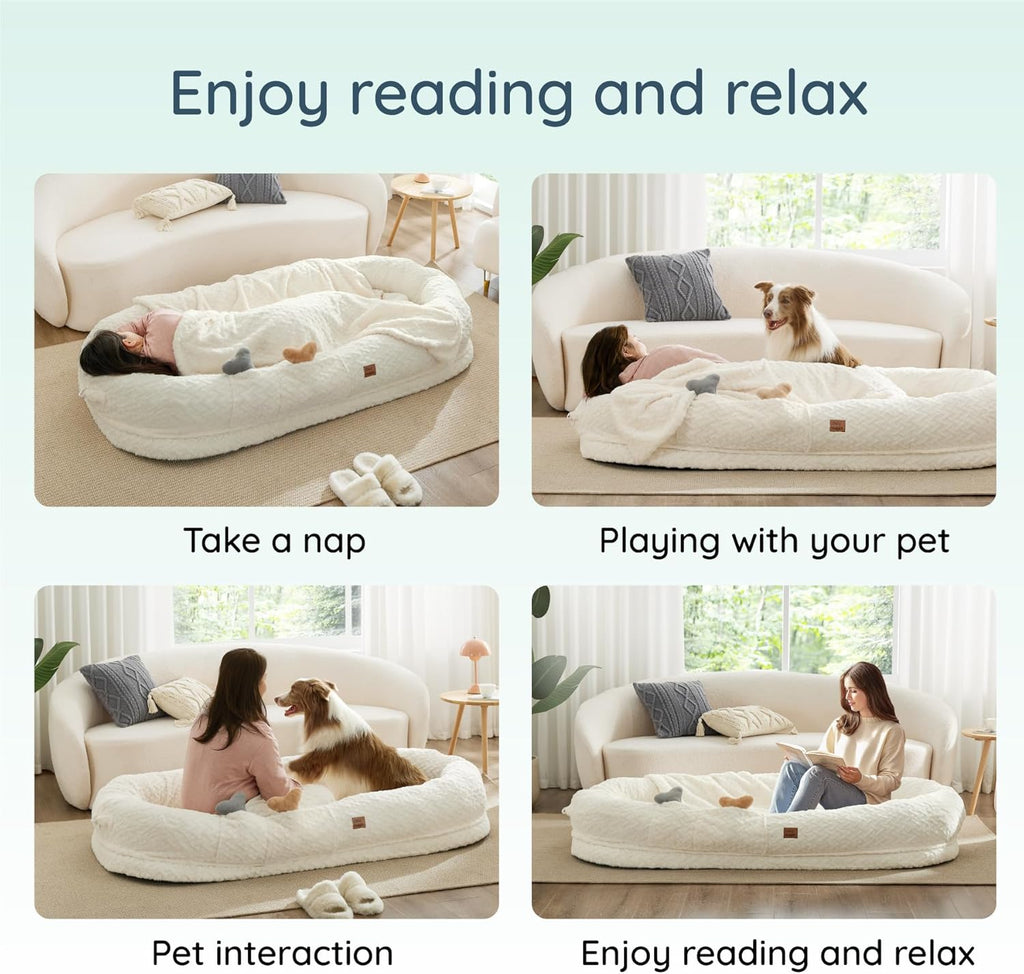 Human Dog Bed for Adult - Luxury Faux Fur Giant Size Dog Bed with Portable Handle, Egg Orthopedic Foam Bed with Blanket Ivory White